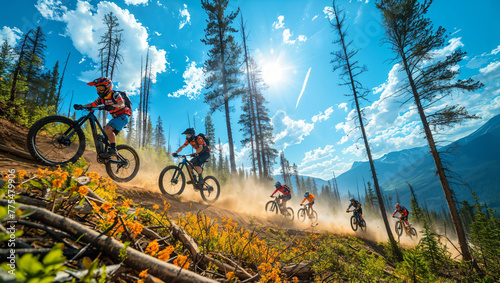 Mountain bikers racing on a trail suspended in the sky, thrilling and otherworldly