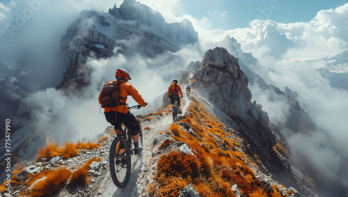 Mountain bikers racing on a trail suspended in the sky, thrilling and otherworldly photo