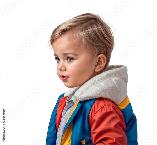 5 year old blonde boy in a blue jacket with red sleeves