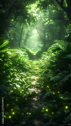 Mysterious jungle with glowing plants and wildlife  a path leading to an unknown light source