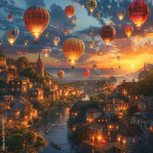 Adventure in a floating hot air balloon village, vibrant colors, surreal sunset