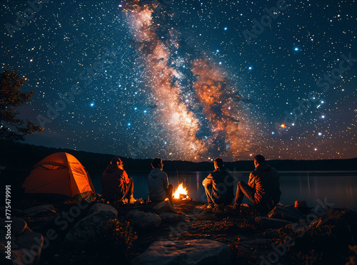 Campers enjoying a holographic bonfire  futuristic outdoor camping  starlit sky