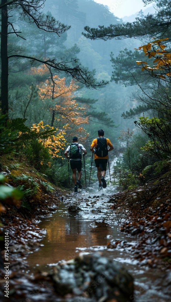 Trail runners navigating a path that forms and disappears in a mystical forest
