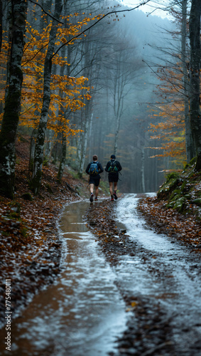 Trail runners navigating a path that forms and disappears in a mystical forest © akarawit