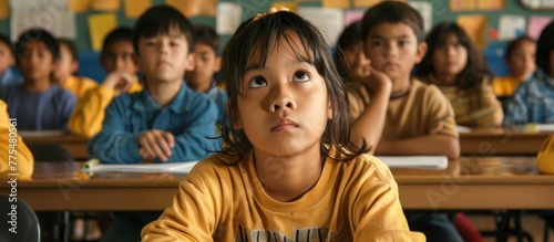 Many kids seated at desks in classroom