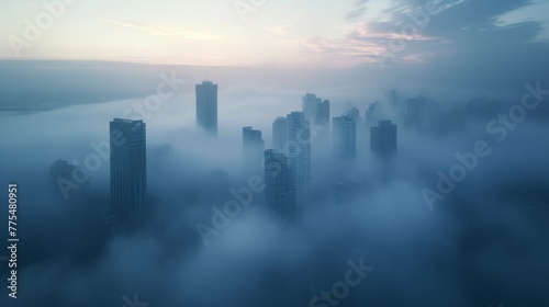 A cityscape blanketed in thick fog early in the morning, with the outlines of buildings and bridges barely visible ::3 --ar 16:9 --quality 0.5 Job ID: 216b32cf-86ee-4e61-822c-eb22d365cea5