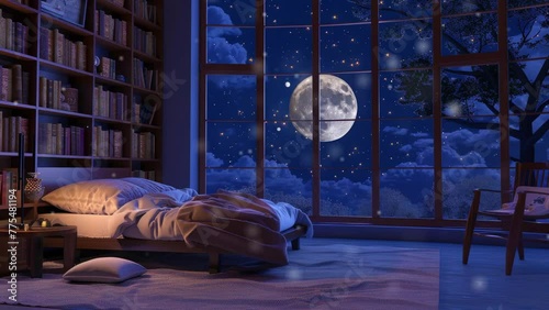 Bedroom with floor bed and wall bookself with big window view of night sky full moon and animated stars with tree calm video lofi loop. photo