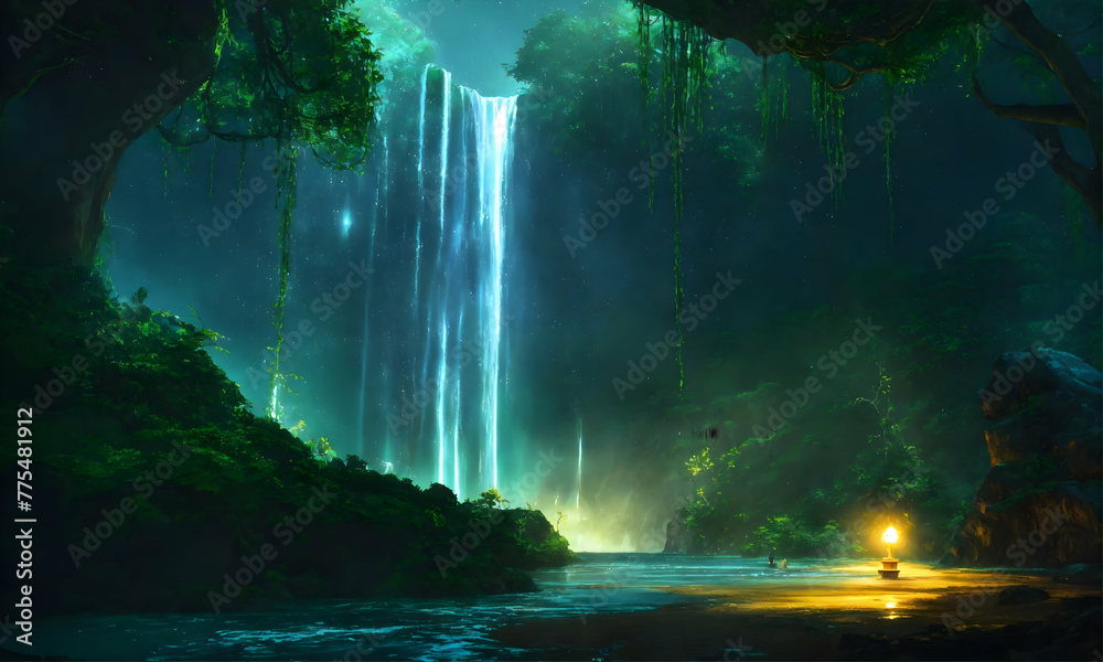 Tranquil waterfall surrounded by green trees in a peaceful forest setting.