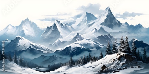 Fantasy epic magic mountain landscape mystical winter valley valley panoramic view of big mountains. Fantasy Mountain Landscape.Mountain Magic A Tale of Adventure in a Fantasy Landscape