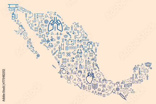 Map of Mexico formed by icons related to medicine and healthcare system (ID: 775482312)