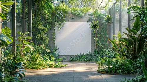 An urban oasis: A blank mockup adorns the mini-mall wall, surrounded by lush greenery, advocating for environmental preservation. photo