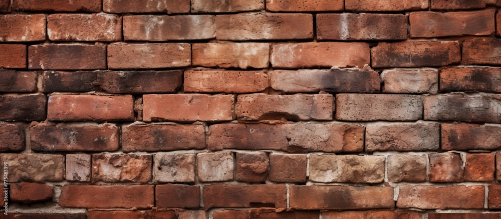Fototapeta premium Lots of red bricks tightly stacked in a close-up view of a brick wall, showcasing the rough texture and solid construction