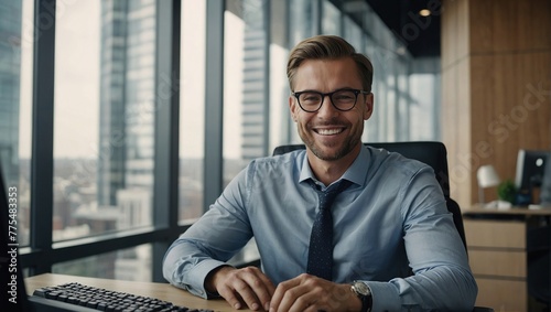Happy Male Sales Manager Typing On Desktop Computer In Diverse Corporate Office With Megapolis Window View, Proffesional Caucasian Man Smiling After Closing Big Advertising Deal