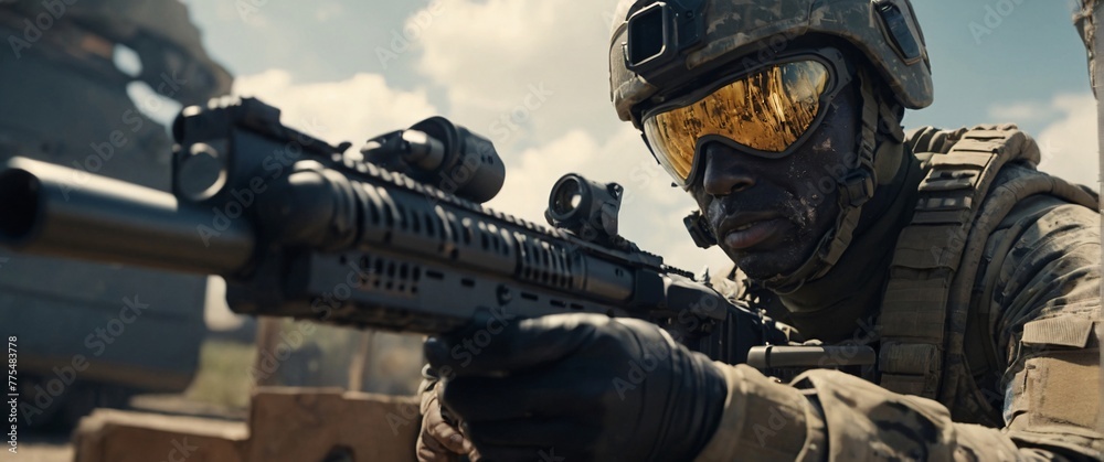 A cyborg soldier fighting in a warzone movie story seen trail cam footage, rear view, wide angle shot