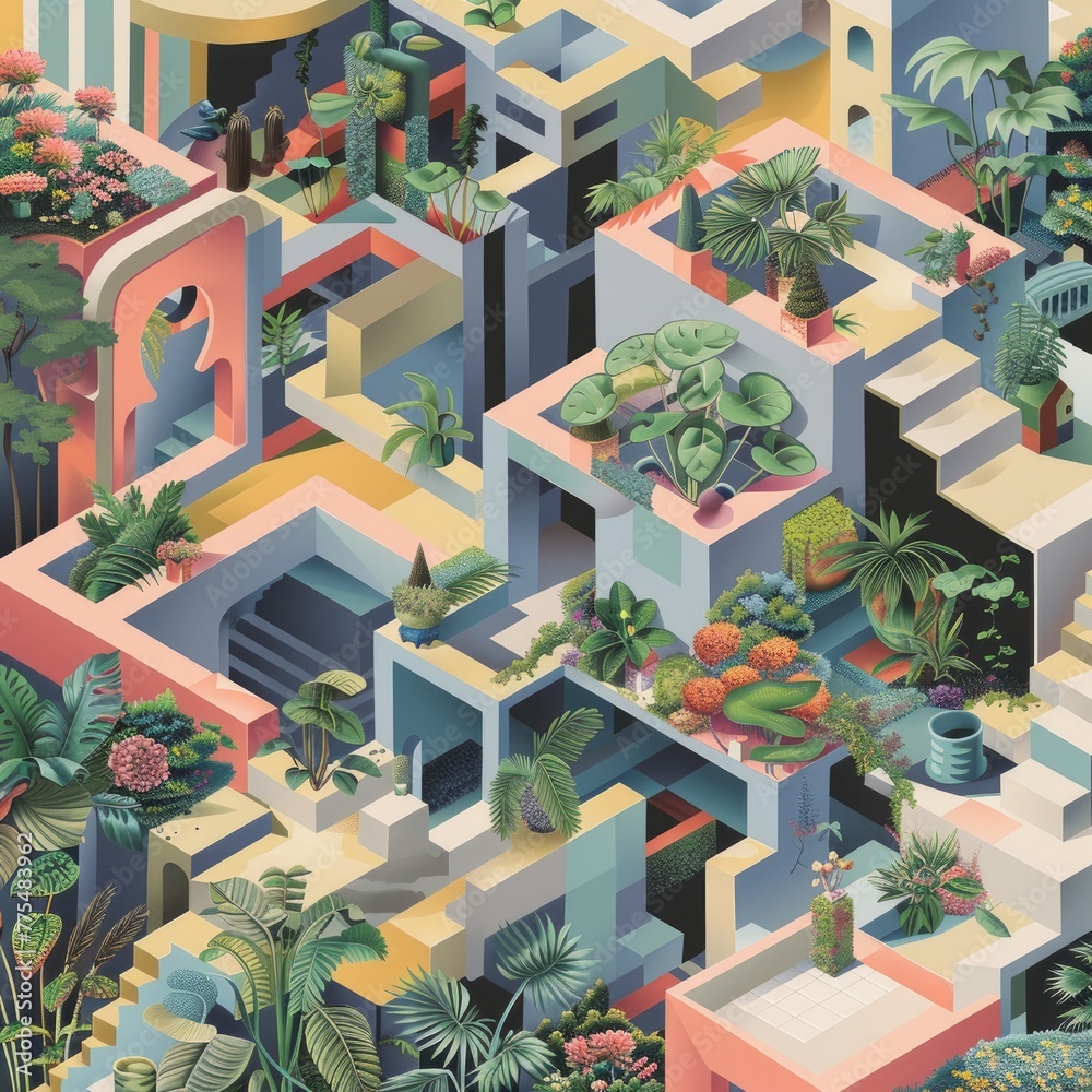 An isometric view of a geometric garden with plants and flowers abstracted into simple shapes