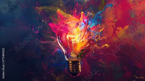 Lightbulb explodes with neon colored paint splash