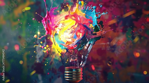 Lightbulb explodes with neon colored paint splash photo