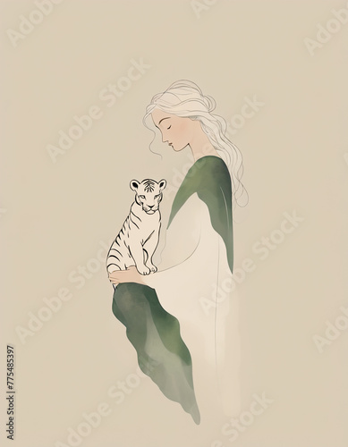 猫と女性 虎 シンプルイラスト Woman with cat Simple Illustration white tiger