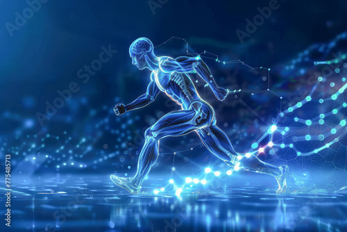 A man is running in a blue and white background with a lot of dots. The image is of a man running in a pool of water