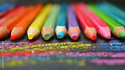 A row of colored pencils neatly arranged on top of a table, showcasing a variety of vibrant colors