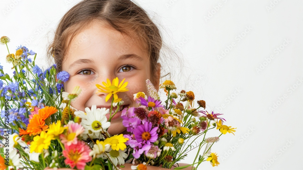 Happy, smiling kid with bunch of colorful flowers for mothers day or birthday celebration. White background, Isolated.  Horizontal banner.