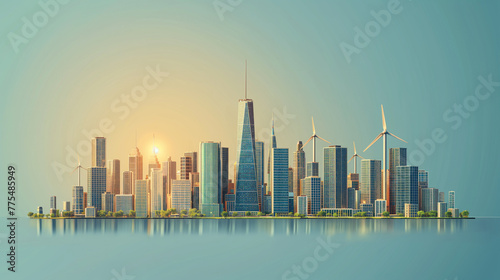 City Skyscraper View Cityscape Wind Tribune Solar Battery Renewable Energy Source Vector Illustration. photo