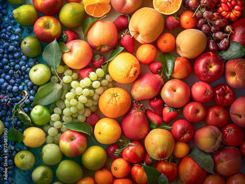 A colorful assortment of fruits and vegetables  including apples  oranges  grapes  and strawberries. Concept of abundance and freshness  showcasing the variety of produce available