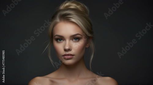 Beautiful blond young woman with natural makup and stylish hairdo. Beauty shot over dark grey background.generative.ai