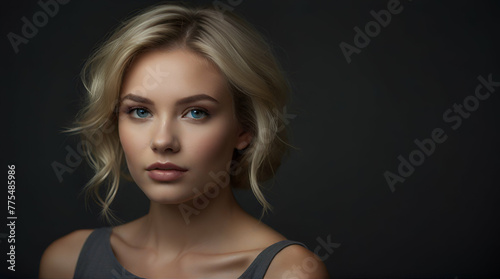 Beautiful blond young woman with natural makup and stylish hairdo. Beauty shot over dark grey background.generative.ai