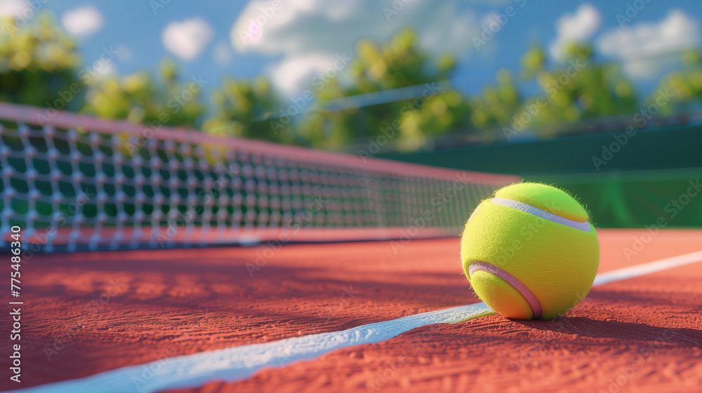 Tennis ball on the tennis court with sunlight. Sports activities and recreation. Tournament, created with Generative AI technology