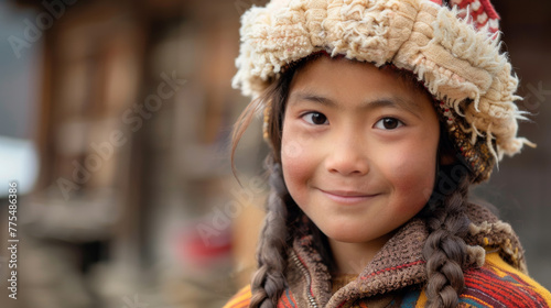 A smiling young Tibetan girl Sherpa girl wearing traditional Tibetan attire outdoors.