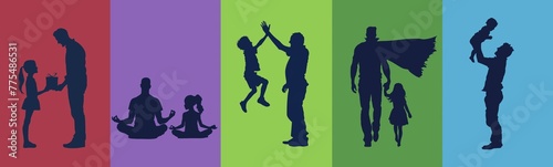 Collage of different silhouette of a father playing with child over colorful background tiles. Father s Day conceptual banner