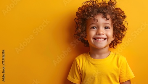 Adorable Brazilian little boy posing with yellow t-shirt posing over yellow backgorund with copy space. Yellow Day concept © Pajaros Volando