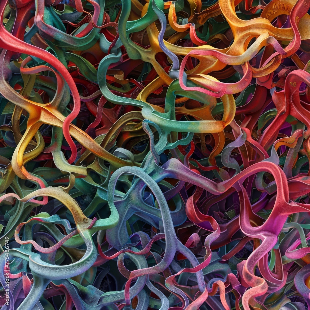 Organic Labyrinth: An abstract image resembling a labyrinth or network composed of interconnected bacterial chains, using soft organic colors to create a sense of complexity and interdependence. Job