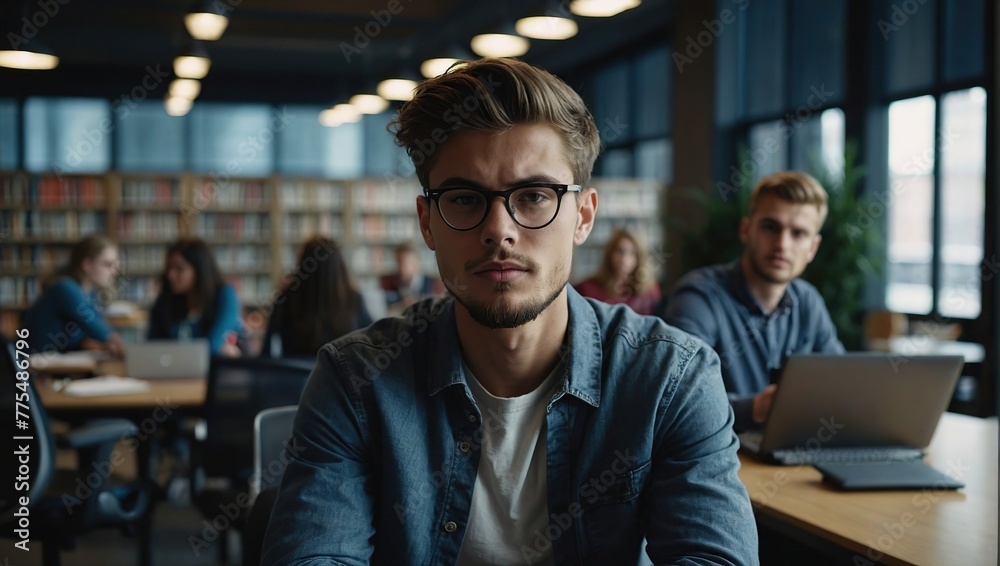 Portrait of a Handsome Student Creating a Business Research Presentation on a Desktop Computer, Young Stylish Male Studying in an University Library with Other People in the Background
