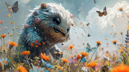 Cute Monster's Playful Chase: Wildflowers Bloom Under Summer Sun