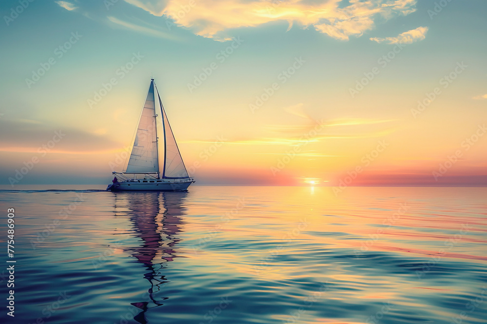 Yacht sails away on blue water background in summer sunset. Summer conceptual banner