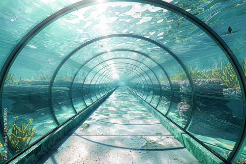 A long tunnel with water and plants. The tunnel is made of glass and is very long