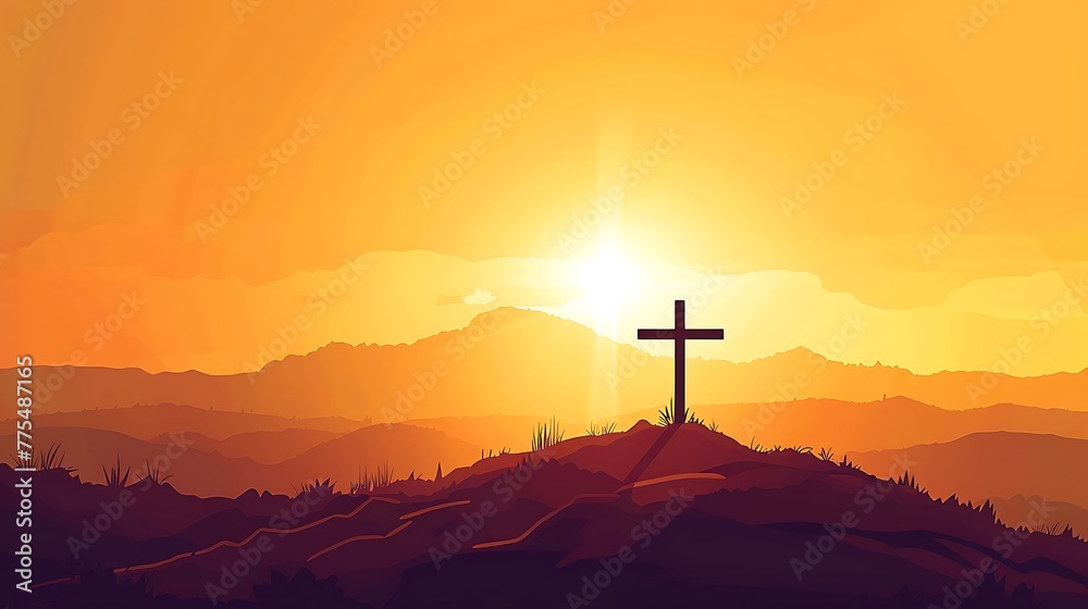 Jesus Christ cross on a hill. 2D flat vector illustration Jesus Christ cross on a hill. 2D flat vector illustration