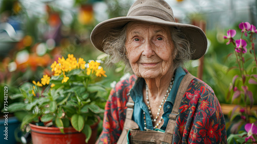 A woman in a hat and apron is sitting in front of a potted plant. She is smiling and she is enjoying herself