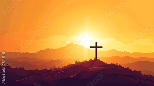 Jesus Christ cross on a hill. 2D flat vector illustration