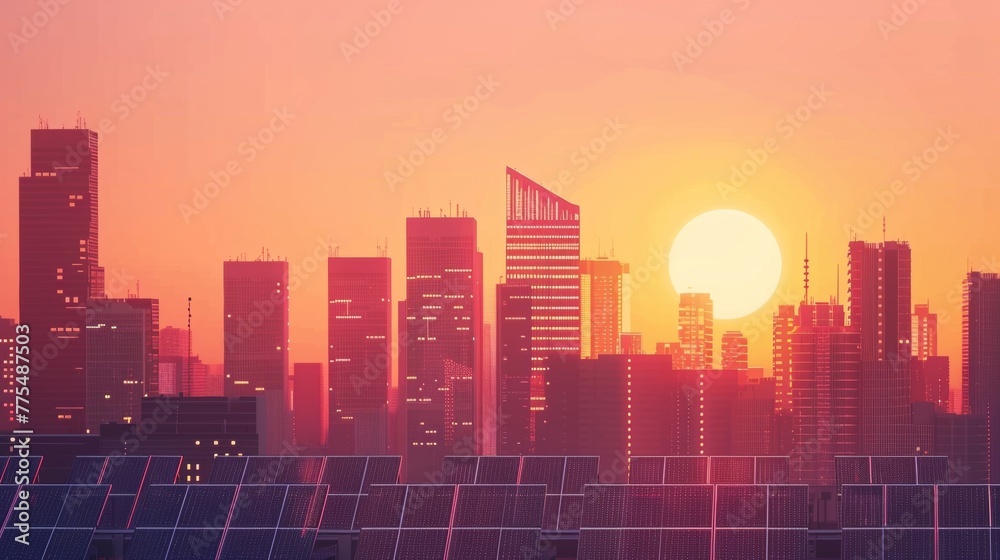 A timelapse of the city skyline with the sun setting behind the skysers and the glowing solar panels on their rooftops providing a . .