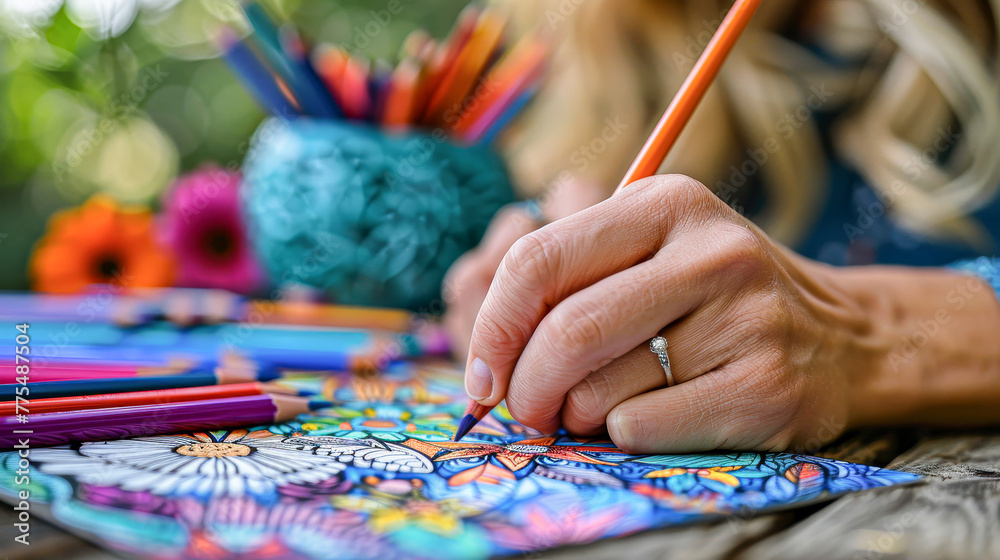 A woman is drawing a colorful picture with a pencil. She is wearing a ring on her finger