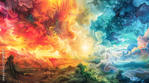 A colorful painting of a sky with clouds and a sun. The sky is divided into two parts, one with a red and orange hue and the other with a blue and white hue. The painting conveys a sense of wonder photo