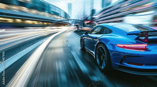 High-speed sports car racing down urban highway with motion blur effect, showcasing dynamic movement and automotive performance. Modern transport and lifestyle.