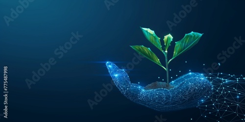 A digital human hand holds the Plant in Palms. Futuristic Eco or Biotechnology Concept. hand-open palm holds the sprout. Glowing Low Poly Wireframe Vector Illustration on Blue Technology Background. #775487998