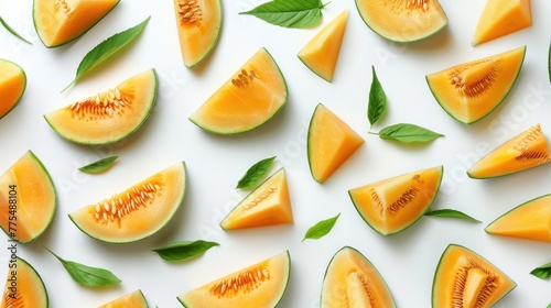 Fresh cantaloupe melon slices arranged in pattern on light background, decorated with green basil leaves. Summer fruit and healthy eating. photo