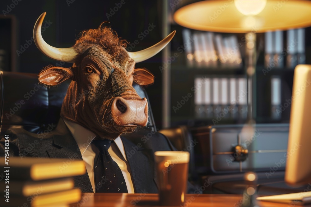 a bull working hard in the office wearing suit, Stylish funny pop art, Generative AI