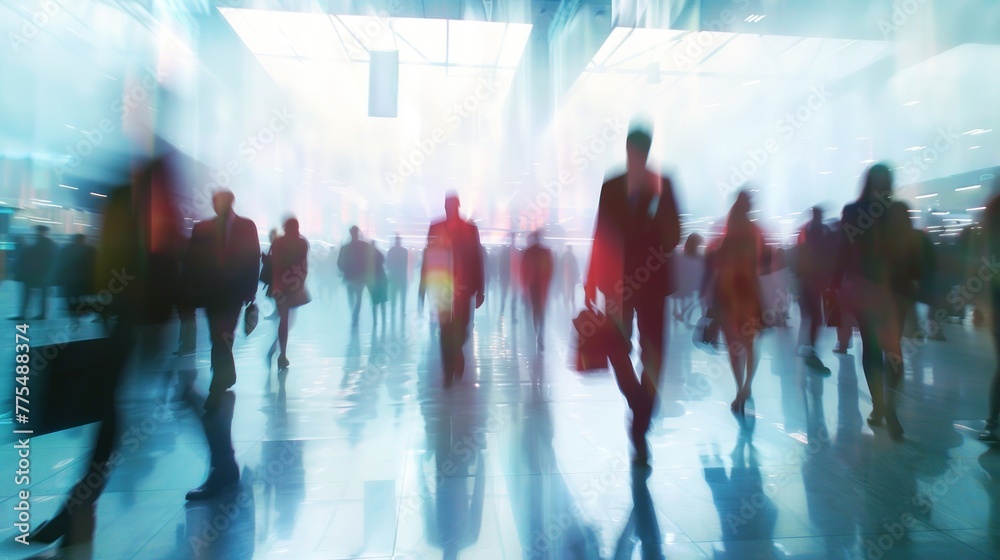 Busy airport terminal with blurred motion of walking travelers and businessmen. Modern transportation and travel lifestyle.
