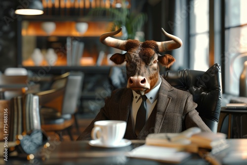 a bull working hard in the office wearing suit, Stylish funny pop art, Generative AI photo